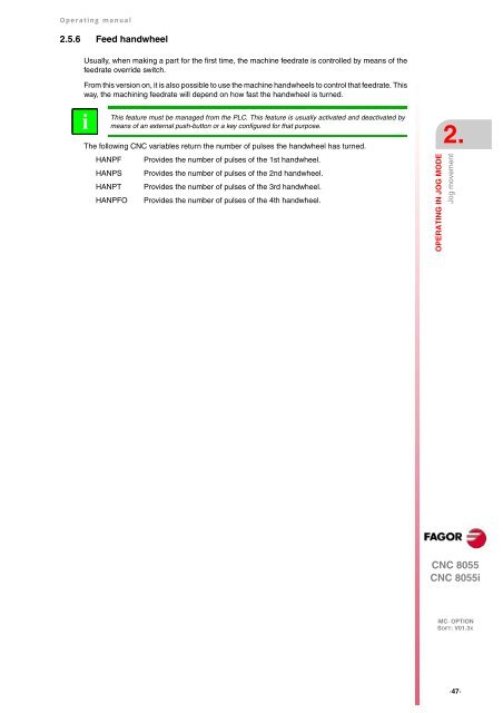 CNC 8055 - Operating manual (MC option) - Fagor Automation