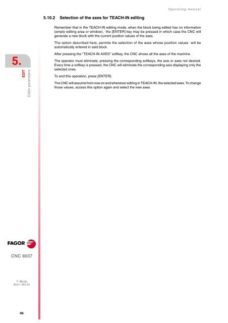 CNC 8037 T - Operating manual - Fagor Automation