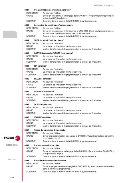 8065. Solutions d'erreurs. - Fagor Automation