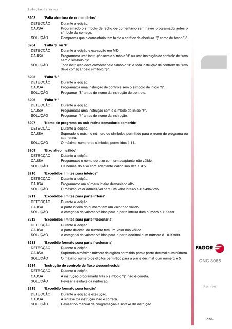 8065. Solução de erros. - Fagor Automation