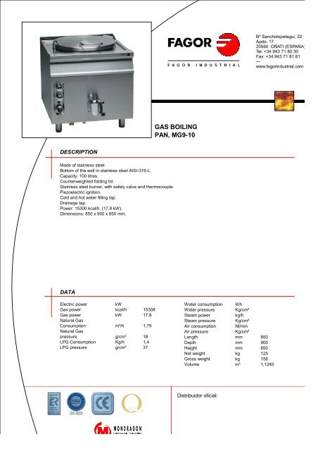 GAS BOILING PAN, MG9-10 - Fagor Industrial