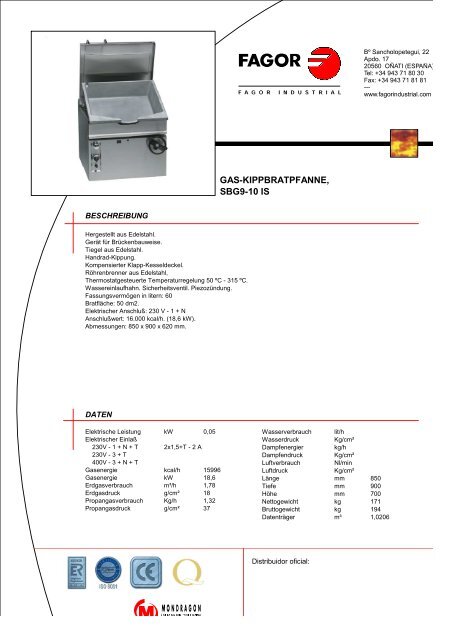 GAS-KIPPBRATPFANNE, SBG9-10 - Fagor Industrial