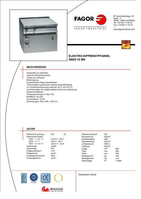 GAS-KIPPBRATPFANNE, SBG9-10 - Fagor Industrial