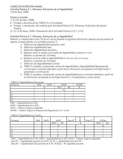 CURSO DE NUTRICION ANIMAL Actividad Práctica Alimentos ... CURSO DE NUTRICION ANIMAL Actividad Práctica Alimentos ...