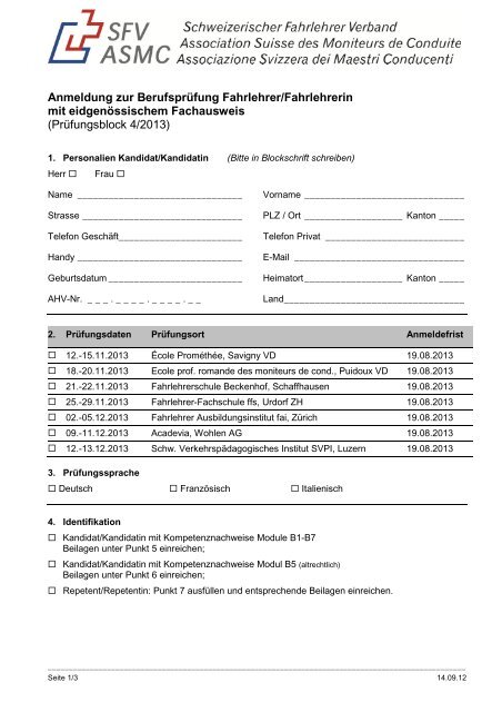 Anmeldeformular - Schweizerischer Fahrlehrerverband SFV