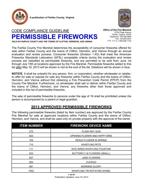2013 Approved Permissible Fireworks - Fairfax County Government