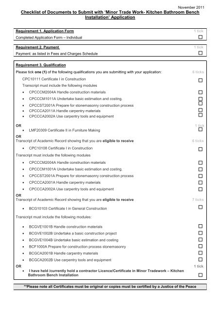  kitchen  bathroom bench installation  Checklist  NSW Fair 