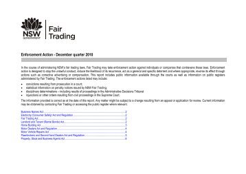 Enforcement Report for December 2010 - NSW Fair Trading