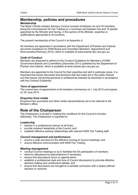 Motor Vehicle Industry Advisory Council Charter - NSW Fair Trading ...