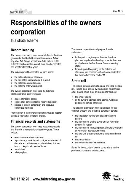 Responsibilities of the owners corporation - NSW Fair Trading
