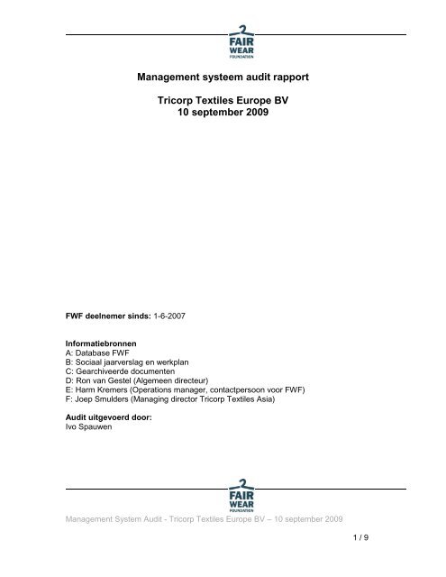 Management systeem audit rapport Tricorp Textiles Europe BV 10 ...