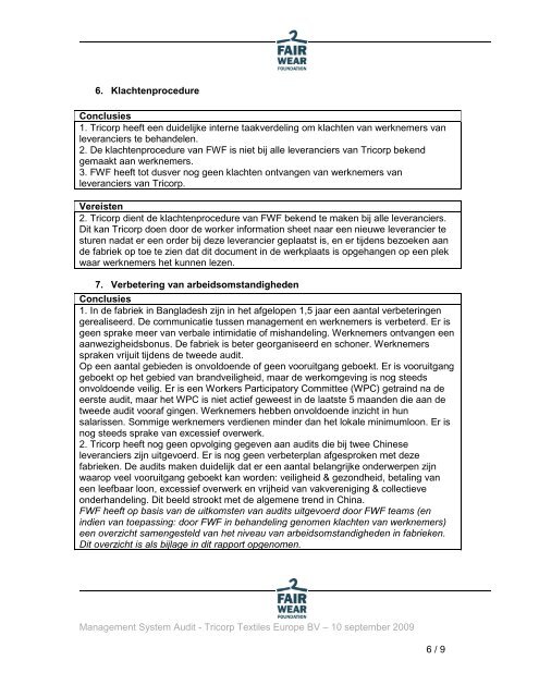 Management systeem audit rapport Tricorp Textiles Europe BV 10 ...