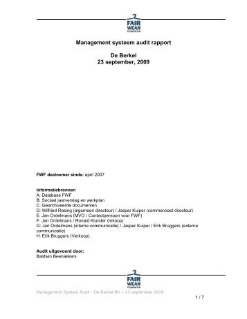 Management systeem audit rapport De Berkel 23 september, 2009