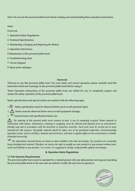 manuale d' uso e manutenzione e lista parti di ricambio - Falconlift