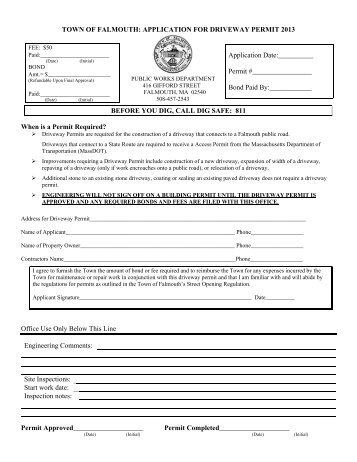 TOWN OF FALMOUTH: APPLICATION FOR DRIVEWAY PERMIT ...