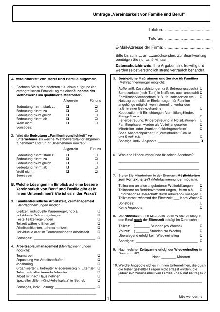 Fragebogen für Betriebe - Familie in Siegen