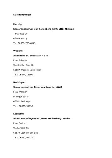 Kurzzeitpflege: Merzig: Seniorenzentrum von Fellenberg-Stift/SHG ...