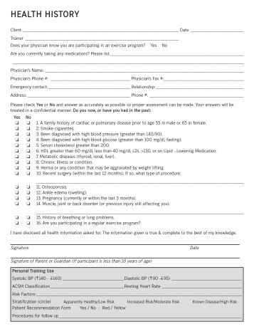 health history and exercise readiness questionnaire
