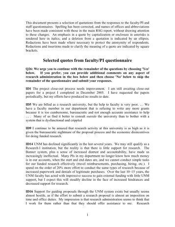 Selected Quotes from UNM Faculty/PI Questionnaire