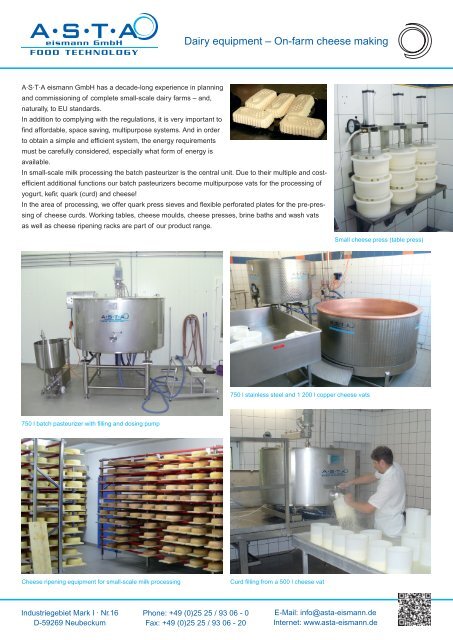 Dairy equipment â On-farm cheese making - A-S-T-A-eismann GmbH