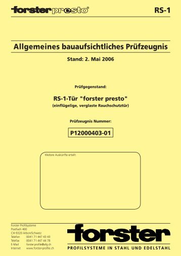 Prüfzeugnis RS-1 "Forster Presto" - Teckentrup