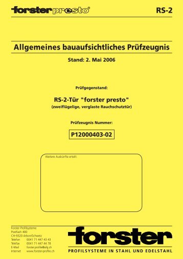 Prüfzeugnis RS-2 "Forster Presto" - Teckentrup