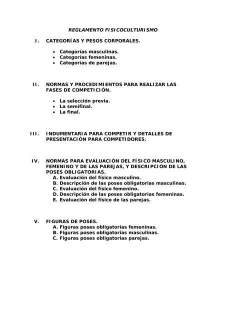 REGLAMENTO FISICOCULTURISMO I. CATEGORÍAS Y PESOS ...