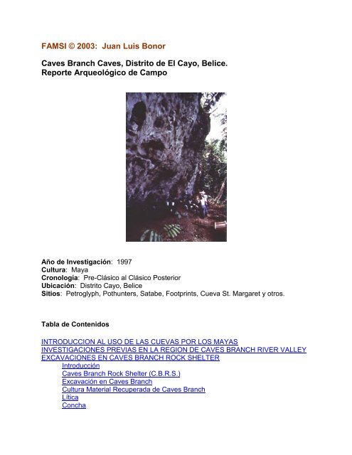 Caves Branch Caves, Distrito de El Cayo, Belice. Reporte ... - Famsi