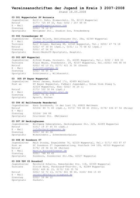 Vereinsanschriften der Jugend im Kreis 3 2006-2007