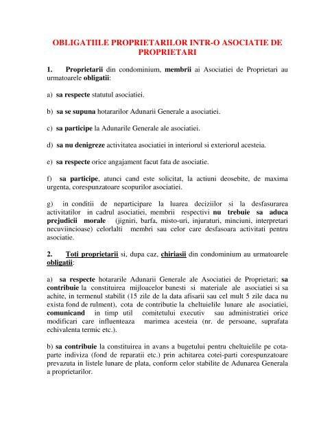 obligatiile proprietarilor intr-o asociatie de proprietari - FAPR