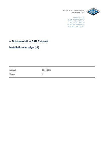 // Dokumentation SAK Extranet Installationsanzeige (IA)