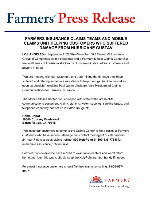 Farmers Press Release - Farmers Insurance Farmers Press Release - Farmers Insurance