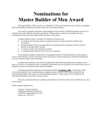 Nominations for Master Builder of Men Award - FarmHouse Fraternity