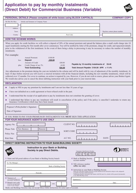 Application to pay by monthly instalments (Direct Debit ... - NIG.com