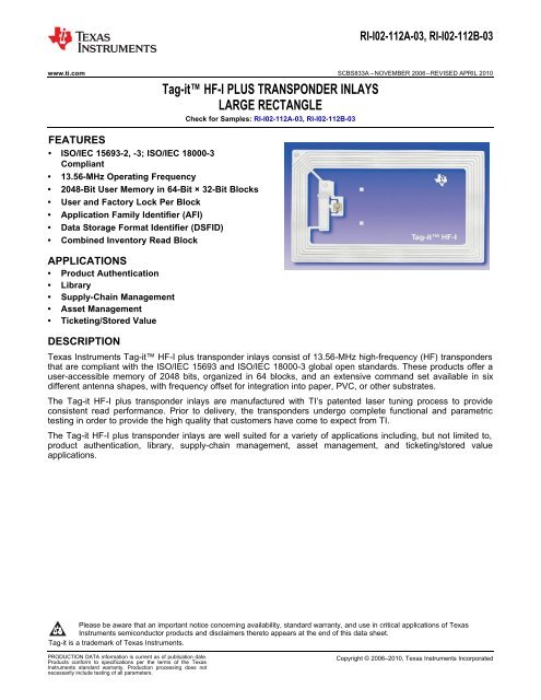 Tag-it™ HF-I PLUS TRANSPONDER INLAYS ... - Texas Instruments