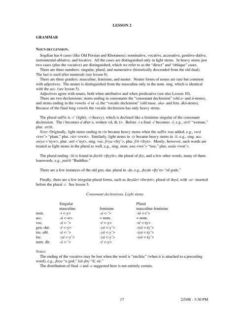 17 2/5/08 - 3:30 PM LESSON 2 GRAMMAR Sogdian has 6 cases ...