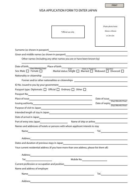 Visa Application Form To Enter Japan