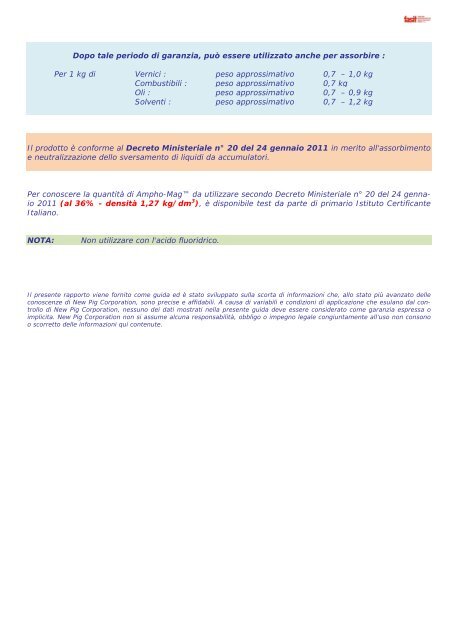 Nome prodotto : Polvere assorbi/neutralizza acidi-caustici ... - Fasit