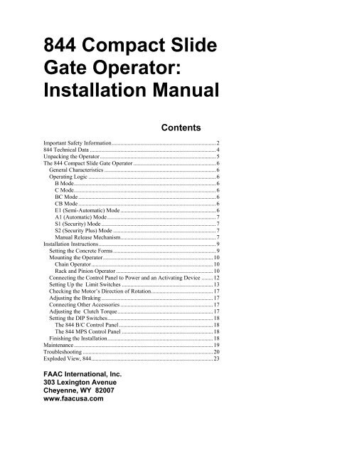 FAAC 844 Manual - Fast Access Security Corp.