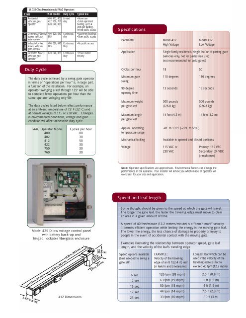 FAAC 412 Specs - Fast Access Security Corp.