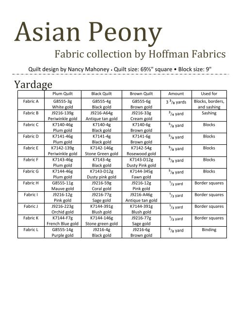 Asian Peony quilt pattern - Hoffman California Fabrics