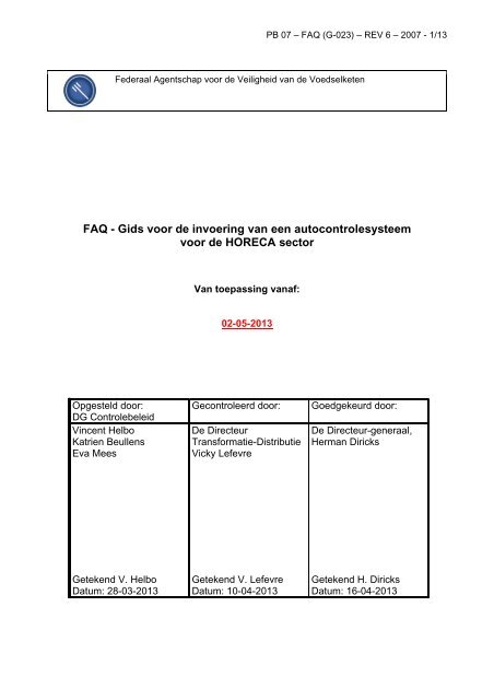 FAQ - Gids voor de invoering van een autocontrolesysteem ... - Favv