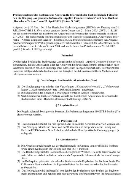 Besondere Prufungsordnung Des Fachbereichs Hochschule Fulda