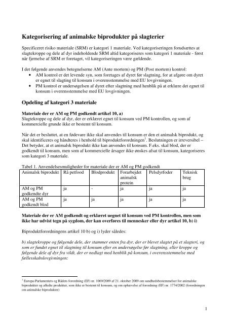 Notat om kategorisering af animalske biprodukter på slagterier