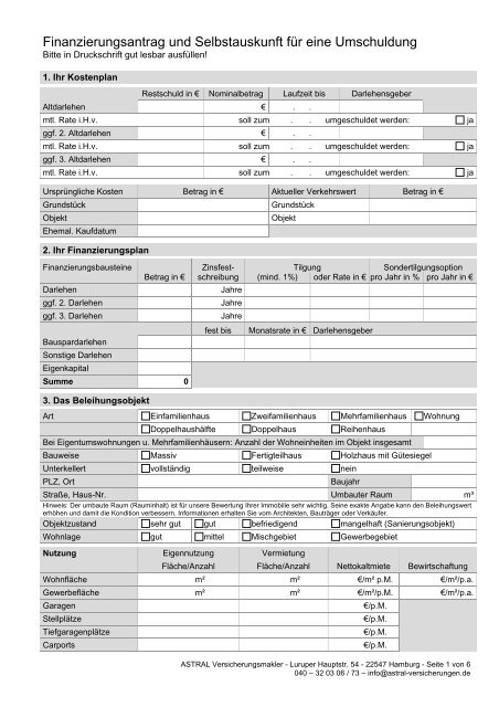 Finanzierungsantrag und Selbstauskunft für eine Umschuldung