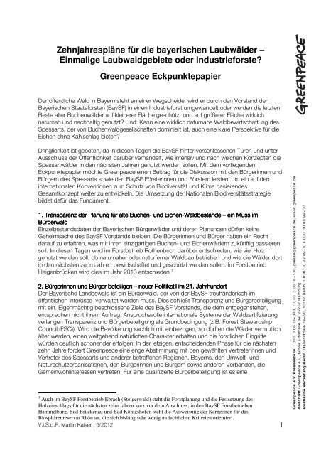 Greenpeace-Eckpunktepapier zum 10-Jahresplan BaySF