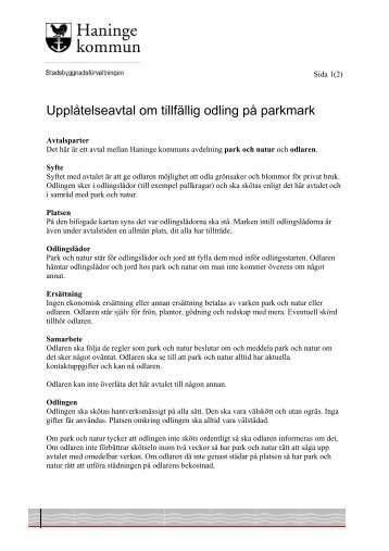 Upplåtelseavtal om tillfällig odling på parkmark - Haninge