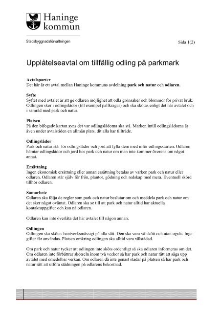 Upplåtelseavtal om tillfällig odling på parkmark - Haninge