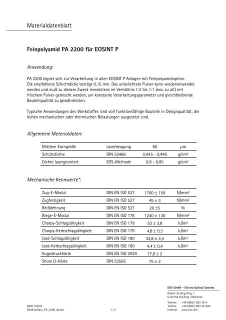 Materialdatenblatt Feinpolyamid PA 2200 für EOSINT P