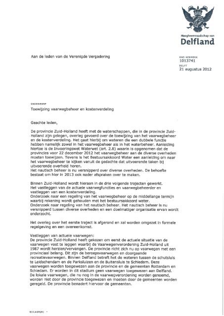 bijlage 3: Brief aan de VV inzake toewijzing ... - Delfland